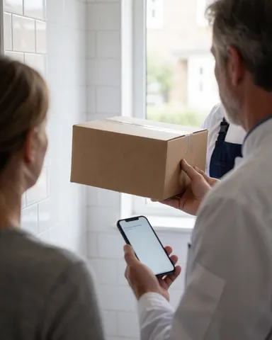 Un livreur professionnel remet un colis à un client devant une porte, le client tenant un téléphone portable, dans un cadre de service de dernière mile.