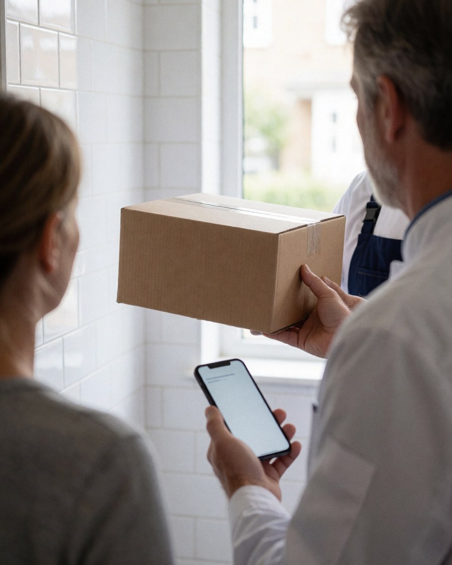 Un livreur professionnel remet un colis à un client devant une porte, le client tenant un téléphone portable, dans un cadre de service de dernière mile.