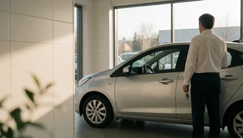 Un vendeur automobile tient des clés à la main, debout près d'un véhicule compact argenté dans un showroom lumineux aux murs carrelés blancs.