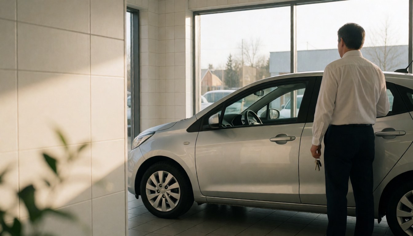 Un vendeur automobile tient des clés à la main, debout près d'un véhicule compact argenté dans un showroom lumineux aux murs carrelés blancs.