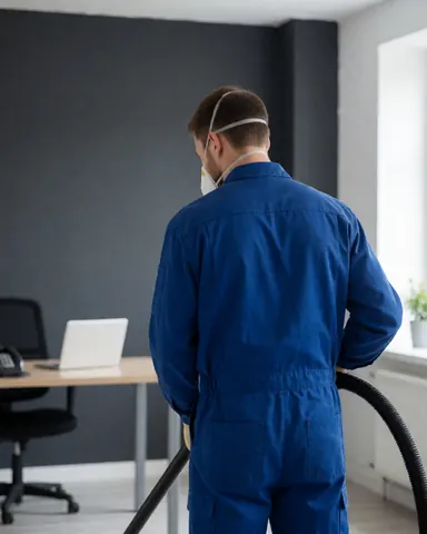 Un employé portant un uniforme bleu et un masque utilise un aspirateur pour nettoyer le sol d'un bureau aux murs gris, dans un environnement propre et professionnel.