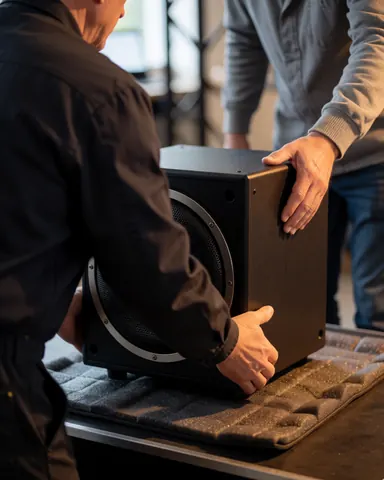 Un technicien et un client placent un subwoofer noir sur un tapis protecteur sur une scène éclairée par une lumière chaude.
