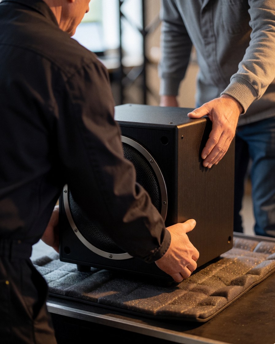 Un technicien et un client placent un subwoofer noir sur un tapis protecteur sur une scène éclairée par une lumière chaude.