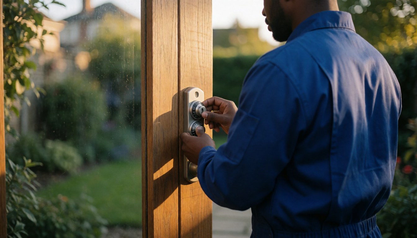 Un technicien en uniforme bleu répare une serrure sur une porte de jardin en bois, baigné de lumière dorée avec un fond flou.