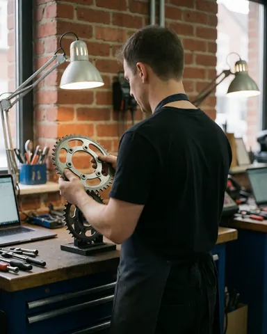 Mécanicien comparant deux pignons de moto dans un atelier avec mur de briques rouges et outils organisés en arrière-plan.
