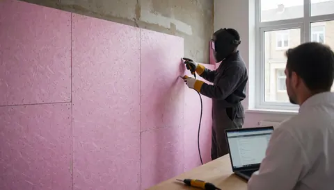 Un travailleur équipé de gants et d'un casque pose des panneaux d'isolation thermique rose sur un mur en construction, éclairé par la lumière naturelle d'une fenêtre.