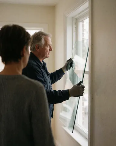 Un réparateur de fenêtres avec des gants installe un nouveau verre dans un cadre pendant qu'un client observe dans un couloir à murs blancs.