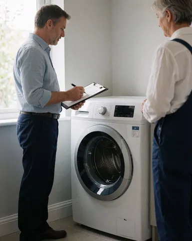 Un technicien examine une machine à laver blanche en présence d'un client dans une pièce aux murs gris avec une lumière naturelle.
