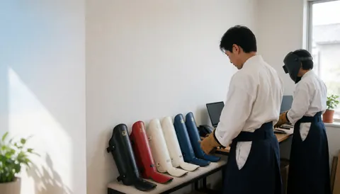 Instructeur de karate portant des protège-tibias colorés dans un dojo lumineux et ordonné avec une ordinateur et des plantes.