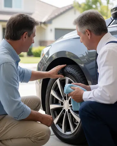 Une cliente et un technicien inspectent une roue propre dans une allée. Service de lavage de véhicules à domicile dans une maison résidentielle.