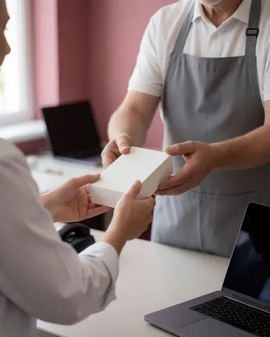 Un technicien en magasin de réparation électronique tend une boîte blanche scellée à un client qui la reçoit avec les mains dans un environnement propre et bien éclairé.