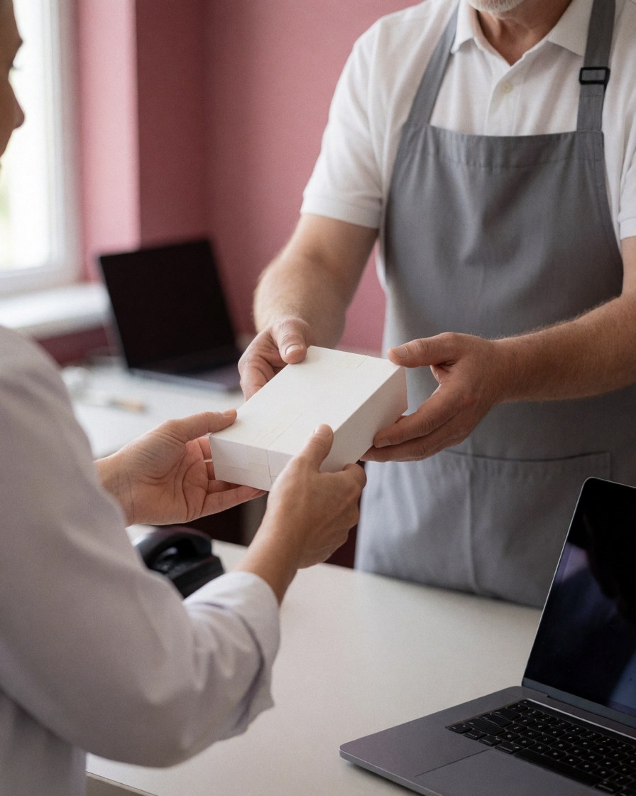 Un technicien en magasin de réparation électronique tend une boîte blanche scellée à un client qui la reçoit avec les mains dans un environnement propre et bien éclairé.