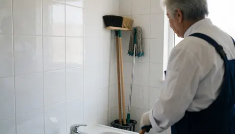 Un agent de nettoyage professionnel tient des outils de nettoyage dans une salle de bain aux carreaux brillants éclairée par la lumière naturelle.