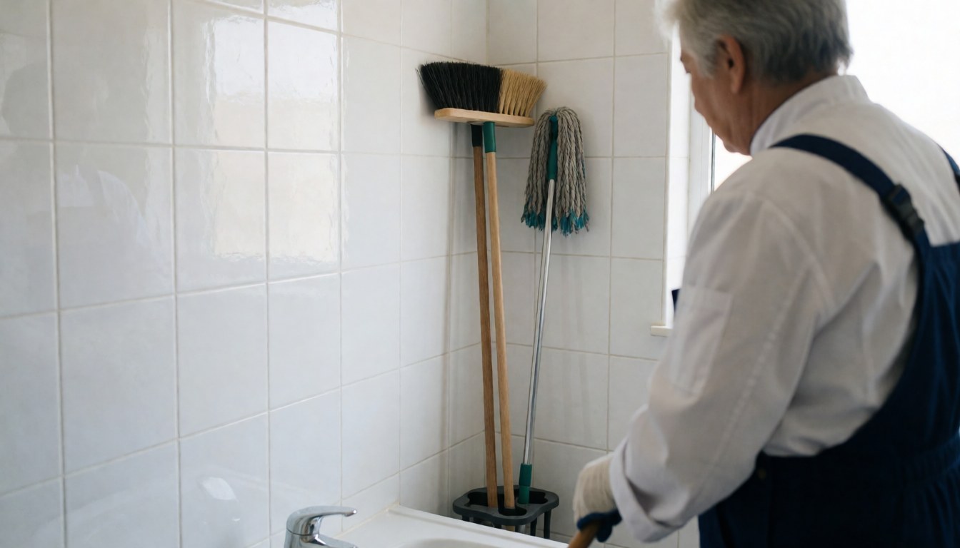 Un agent de nettoyage professionnel tient des outils de nettoyage dans une salle de bain aux carreaux brillants éclairée par la lumière naturelle.