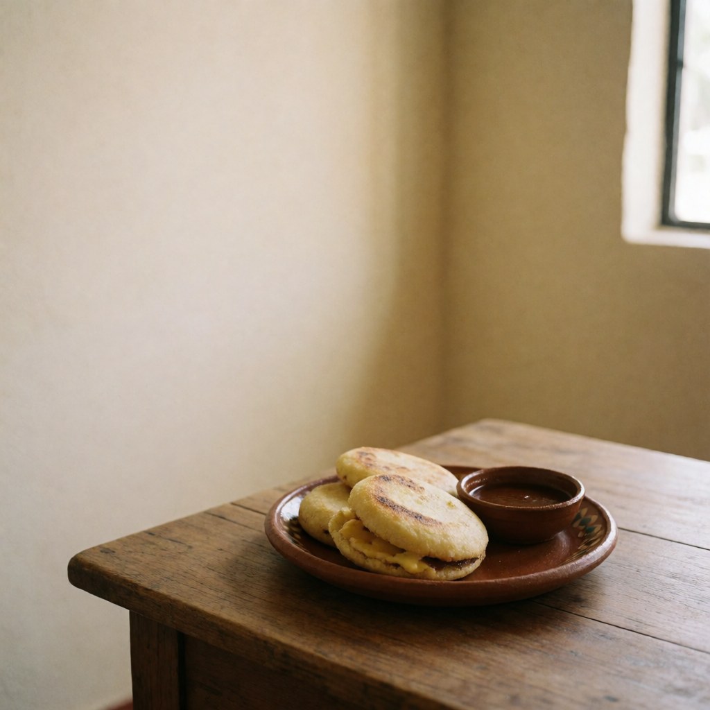 Arepas garnies de fromage et de sauce sur une assiette en terre cuite posée sur une table en bois dans un cadre rural.