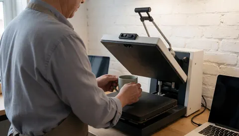 Un opérateur place une tasse sur une presse thermique dans un atelier, illustrant le processus de personnalisation textile en cours.