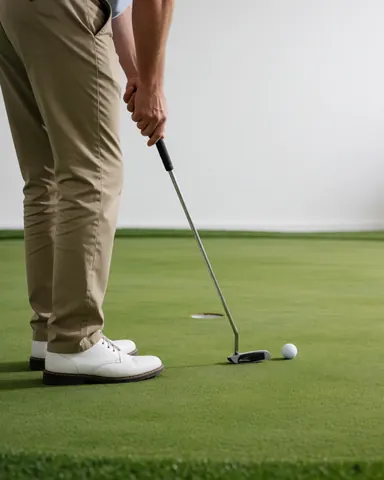 Un golfeur sur le vert ajuste sa posture avec son putter avant de frapper la balle, dans un cadre de champ de golf professionnel.