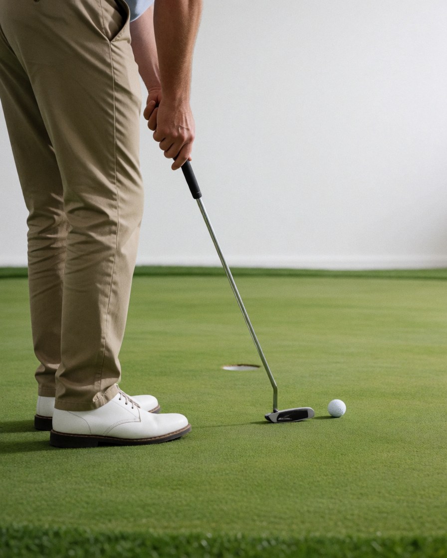 Un golfeur sur le vert ajuste sa posture avec son putter avant de frapper la balle, dans un cadre de champ de golf professionnel.