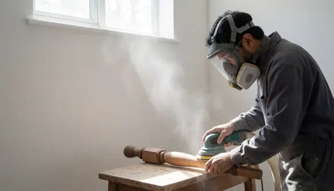 Un homme portant un masque de protection ponçant du bois avec une machine à poncer et un tuyau d'extraction de poussière près d'une fenêtre dans un atelier.