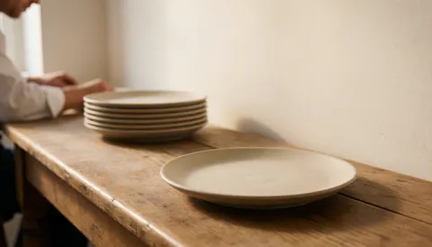 Assiette en céramique posée sur une table en bois dans un atelier, avec une personne travaillant en arrière-plan, un mur clair et une lumière chaleureuse.