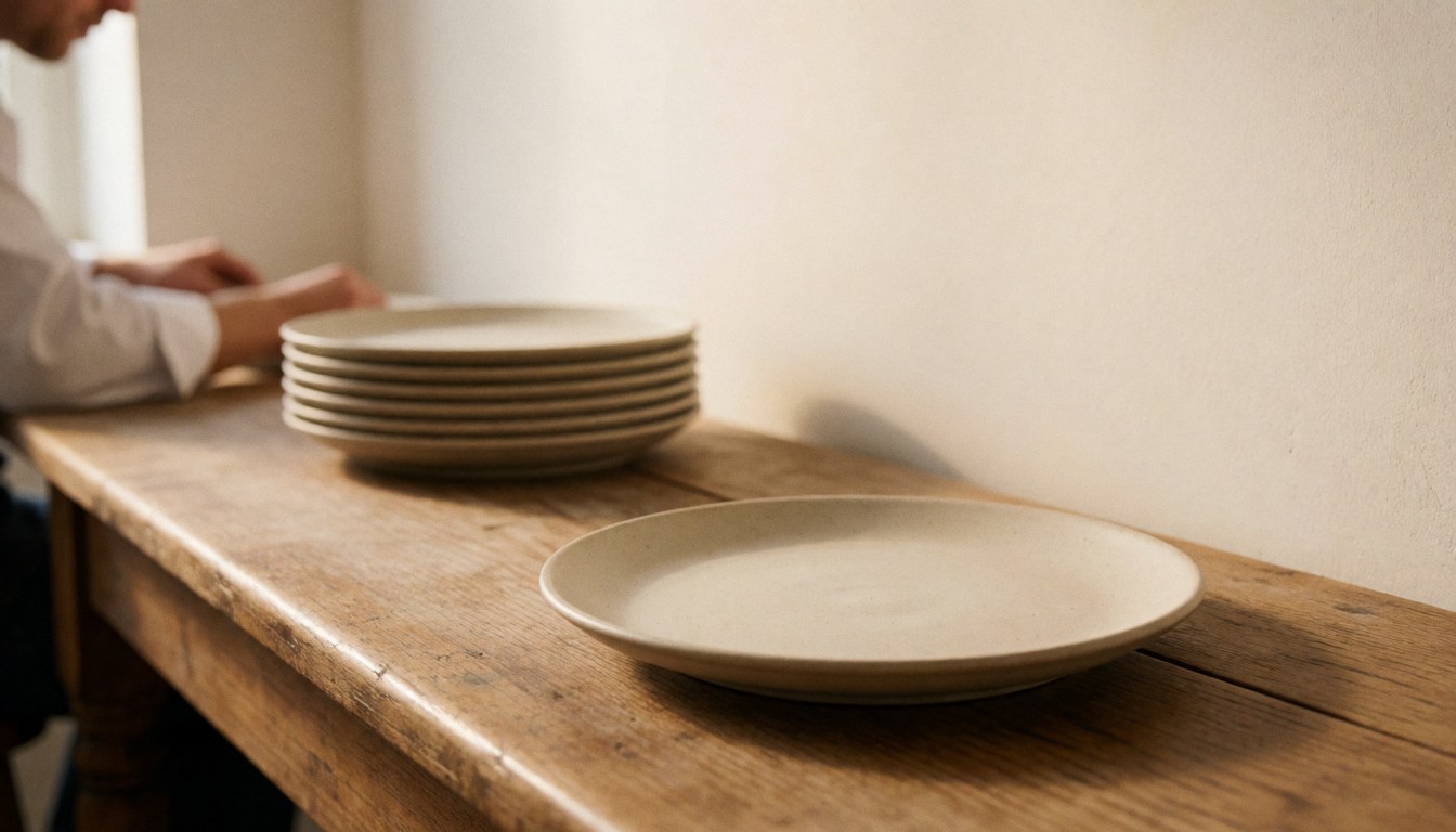 Assiette en céramique posée sur une table en bois dans un atelier, avec une personne travaillant en arrière-plan, un mur clair et une lumière chaleureuse.
