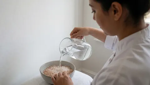 Manucuriste préparant un bain de pieds avec des sels dans un salon de beauté aux murs blancs et à la lumière naturelle.