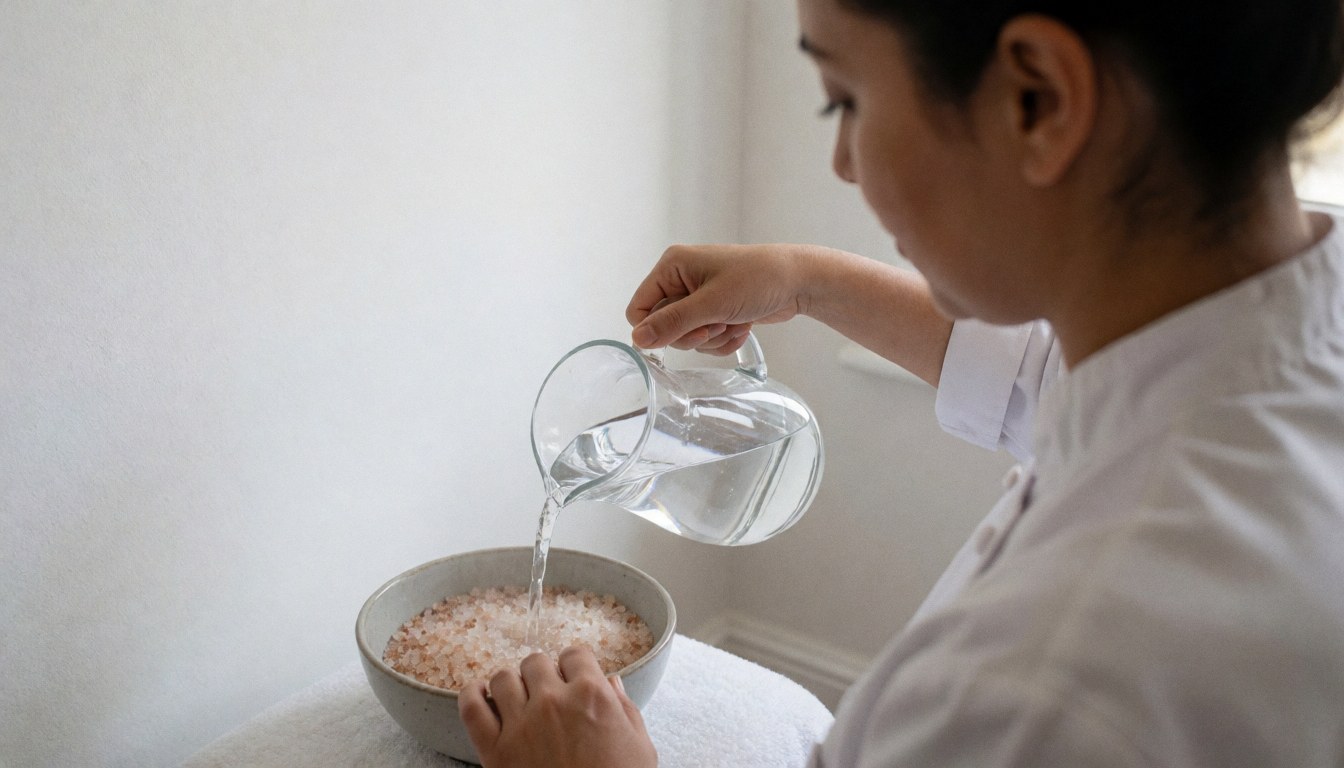 Manucuriste préparant un bain de pieds avec des sels dans un salon de beauté aux murs blancs et à la lumière naturelle.