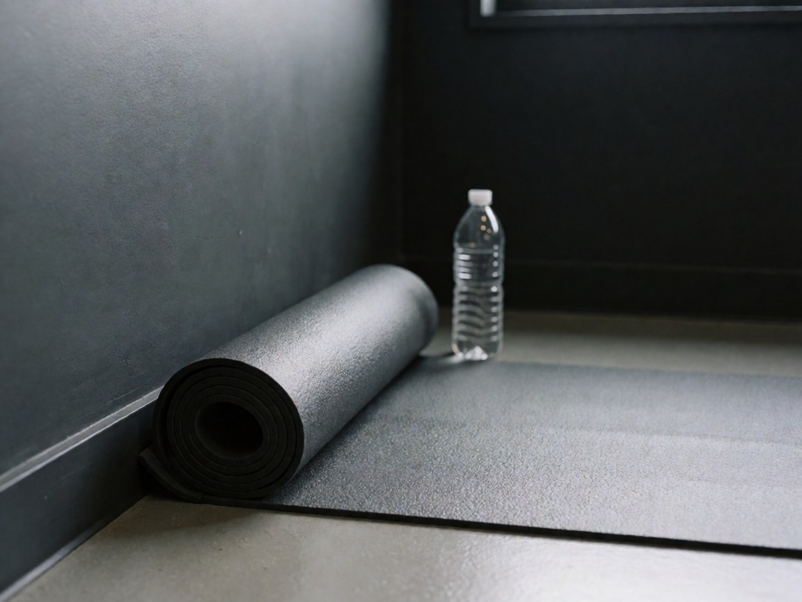 Tapis de yoga enroulé près d'une bouteille d'eau dans un coin de studio de danse aux murs gris anthracite, détail des équipements de classe.