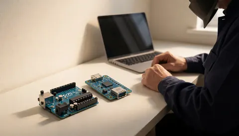 Personne travaillant avec des cartes Arduino et ESP32 sur une table blanche, ordinateur portable en arrière-plan, scène d'atelier de robotique