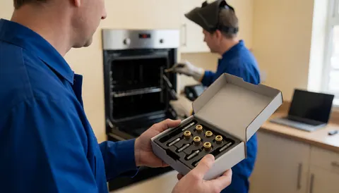 Un technicien en bleu tient un kit de réparation de fours tandis qu'un autre travaille sur un four à gaz dans une cuisine moderne aux murs beige.