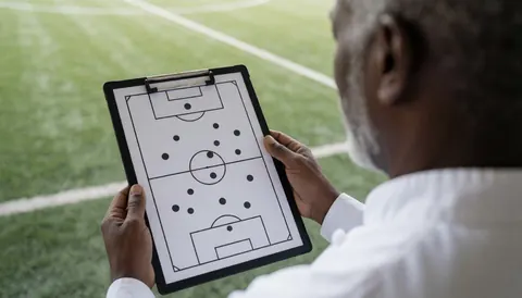 Entraîneur de football analysant une stratégie avec un tableau tactique sur un terrain de jeu, vu de dos, idéal pour une couverture web.