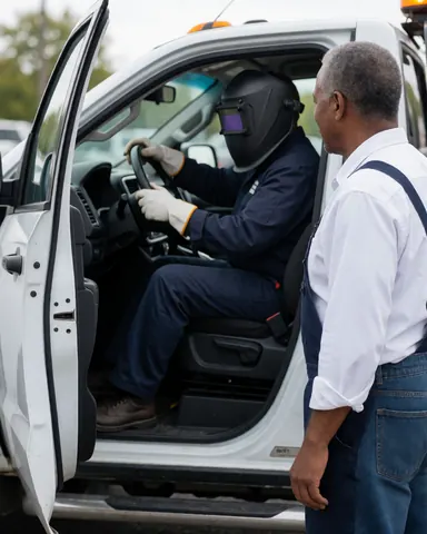 Un client observe un opérateur dans un camion de remorquage stationné, scène réaliste du service de remorquage.