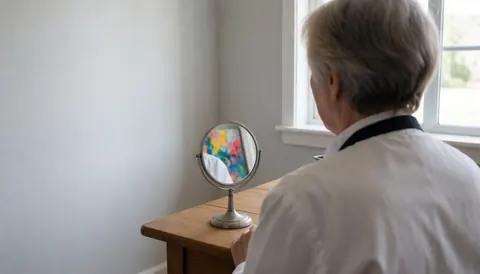 Un artiste âgé tient un miroir à main, reflétant des couleurs vives, devant des murs gris et une lumière naturelle, idéal pour illustrer un cours de peinture.
