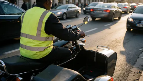 Moto-taxiste en moto avec sidecar attendant dans la circulation urbaine au coucher du soleil, portant un gilet réfléchissant, avec la circulation en arrière-plan.