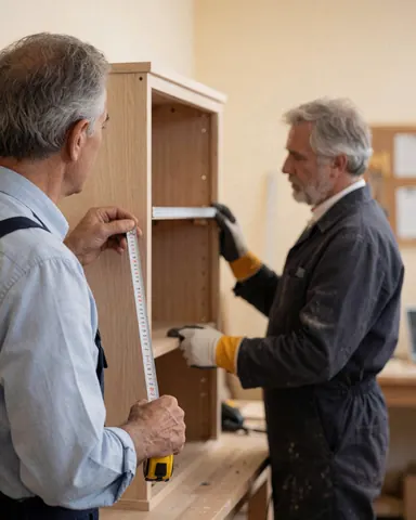 Deux charpentiers mesurent un meuble en bois dans un atelier avec des outils et un mur beige en arrière-plan