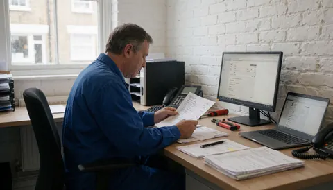 Un technicien en uniforme bleu examine des documents financiers sur son bureau devant un mur de briques blanches et un ordinateur.