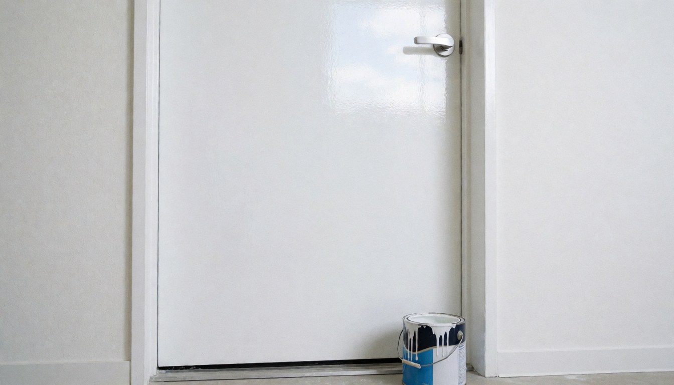 Porte blanche fraîchement peinte avec un seau de peinture synthétique sur le seuil, murs blancs et reflet du ciel, idéal pour les peintres en bâtiment.
