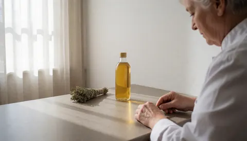 Préparation d'huile de sésame sur une table de massage avec des herbes et une lumière matinale douce pour un centre de bien-être ayurvédique.