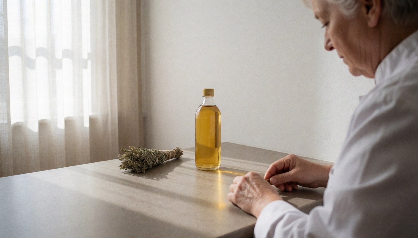 Préparation d'huile de sésame sur une table de massage avec des herbes et une lumière matinale douce pour un centre de bien-être ayurvédique.
