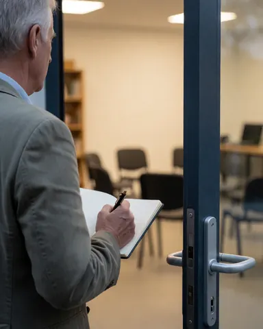 Un homme adulte tenant un carnet et un stylo franchit une porte vitrée pour entrer dans une pièce équipée de chaises disposées en cercle.