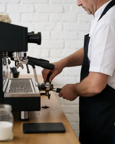 Barista tassant le café dans le porte-filtre devant une machine à expresso et un comptoir en bois avec un mur de briques blanches en arrière-plan.