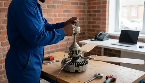 Technicien en uniforme bleu réparant un moteur de ventilateur dans un atelier avec outils sur une table en bois et un mur en briques