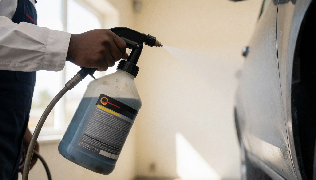 Un technicien utilise un pulvérisateur pour appliquer un produit nettoyant industriel sur un panneau de carrosserie dans un atelier lumineux aux murs blancs.