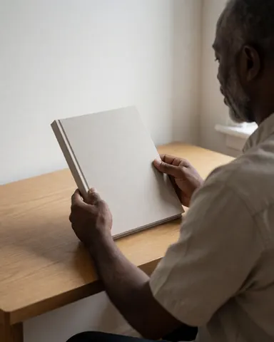 Un client observe attentivement un livre photo posé sur une table en bois dans un bureau aux murs blancs baigné de lumière naturelle.