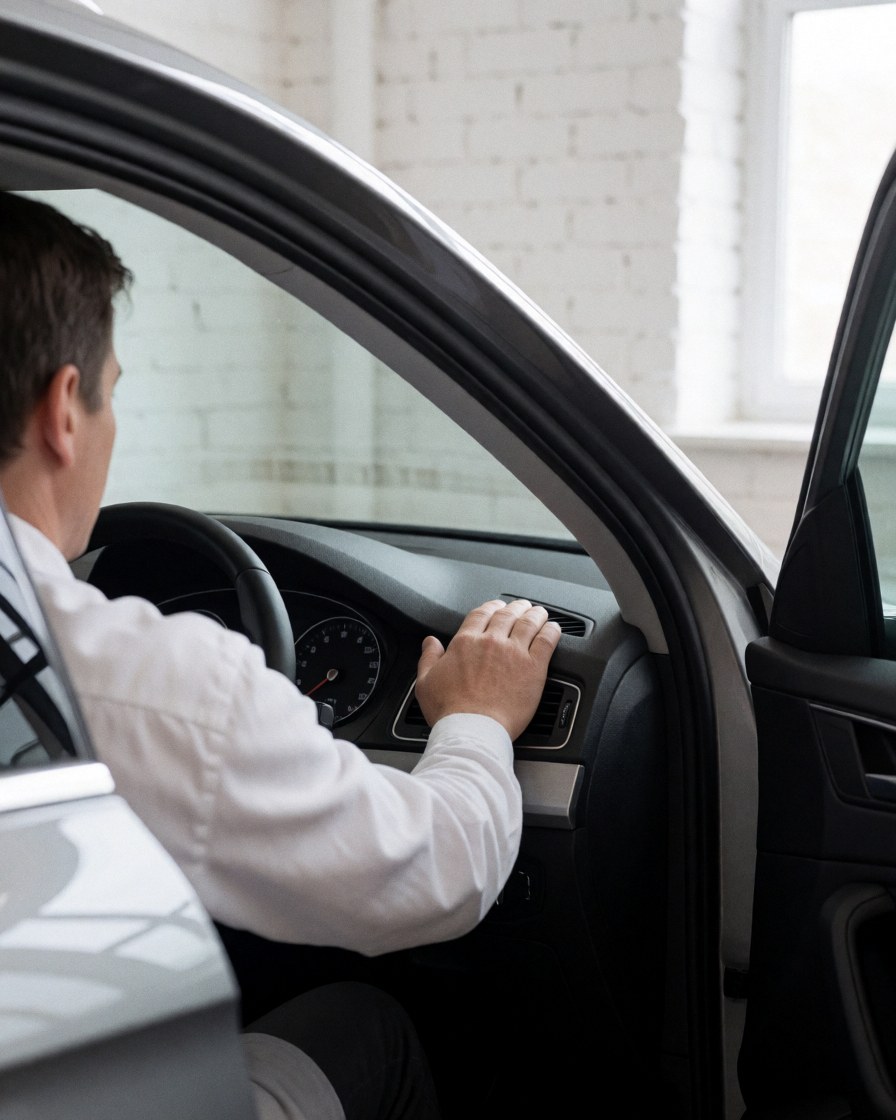 Une cliente touche le tableau de bord en cuir d'une voiture dans un intérieur propre avec un mur de briques blanches en arrière-plan au sein d'un atelier de lavage automobile.