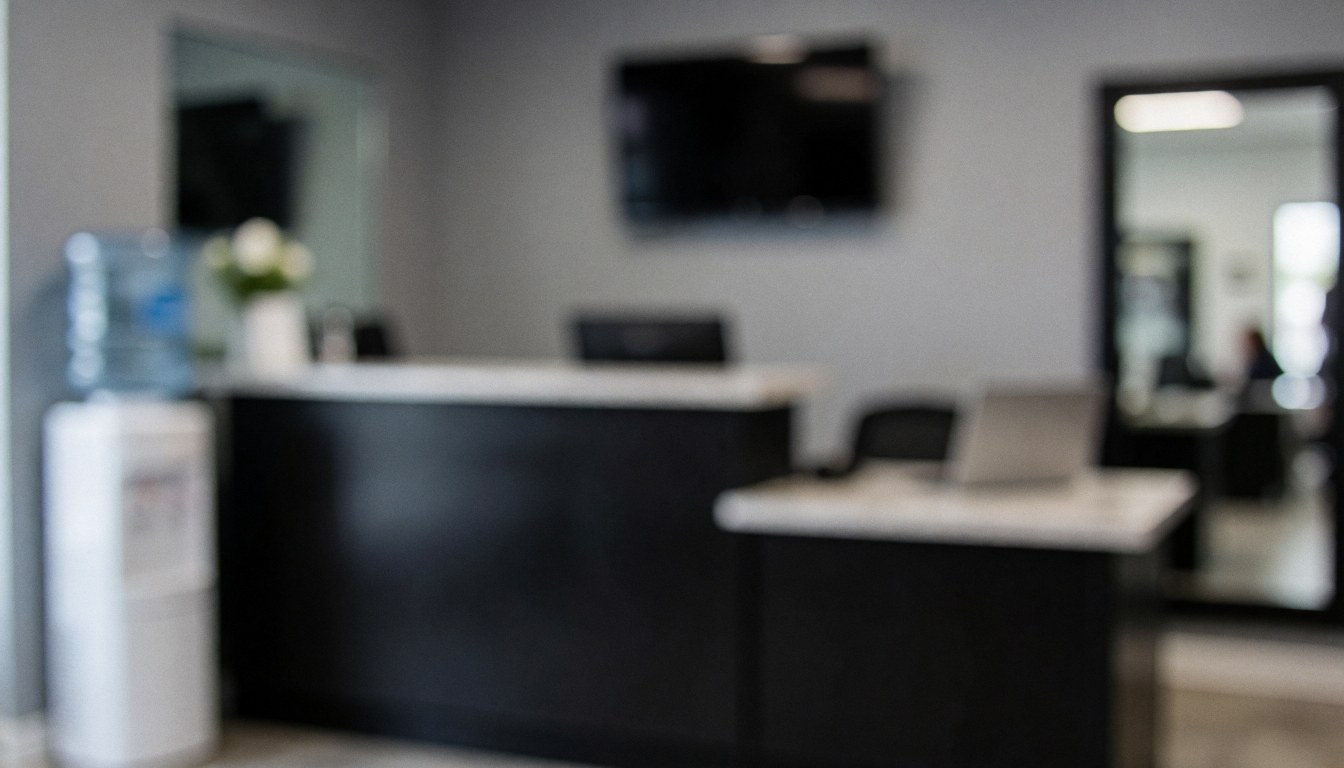 Arrière-plan de gymnase montrant un comptoir d'accueil, une bouteille d'eau et un grand miroir, espace neutre idéal pour ajouter du texte.