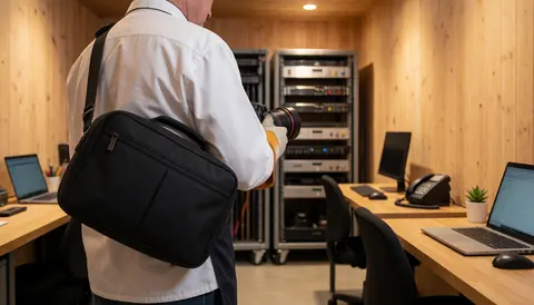 Photographe professionnel tenant un appareil photo et un sac bandoulière dans un studio doté de murs en bois et d'équipement audiovisuel, idéal pour la couverture d'un atelier de photographie.