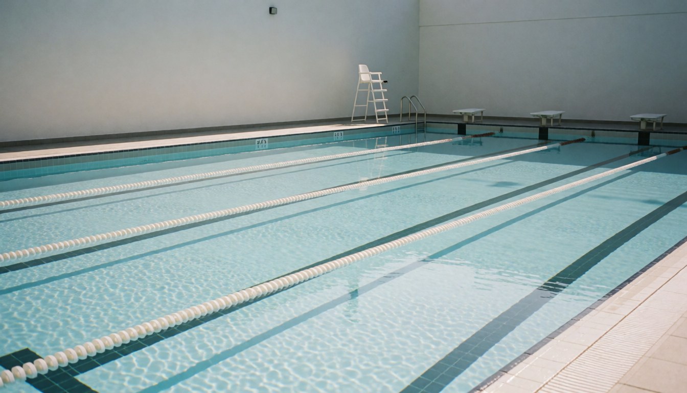 Piscine publique avec des couloirs marqués, une eau claire et une chaise de sauveteur sur le bord, idéale pour une page d'accueil de site web.