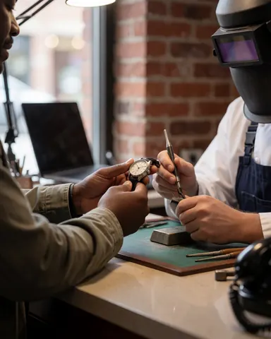 Une cliente examine une montre réparée dans un atelier avec un mur en briques tandis que le horloger travaille avec des outils.