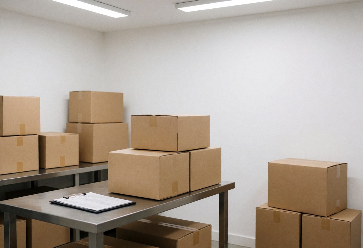 Entrepôt de fret avec des cartons empilés, une table métallique, un tableau d'expédition, des murs blancs et un éclairage LED.